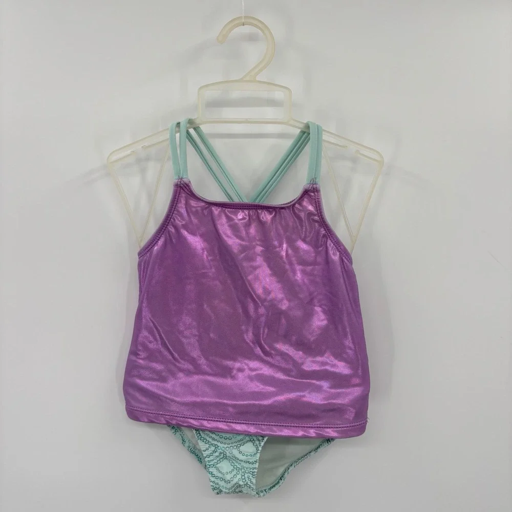 Wonder Nation Tankini Swimsuit Kids 4T Purple Metallic Strappy Mermaidcore Set